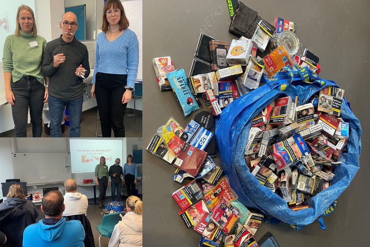 Viel Rauch um nichts! Die Botschaft von Workshopleiter Özgen Senol  (oberes Bild, Mitte) lautet: „Jede und jeder kann es schaffen, mit dem Rauchen  aufzuhören.“ Veronika Haaf, Fort- und Weiterbildung (oberes Bild re.) und  Lina Halsband, BGM (oberes Bild li.) unterstützen das Vorhaben seitens RoMed.